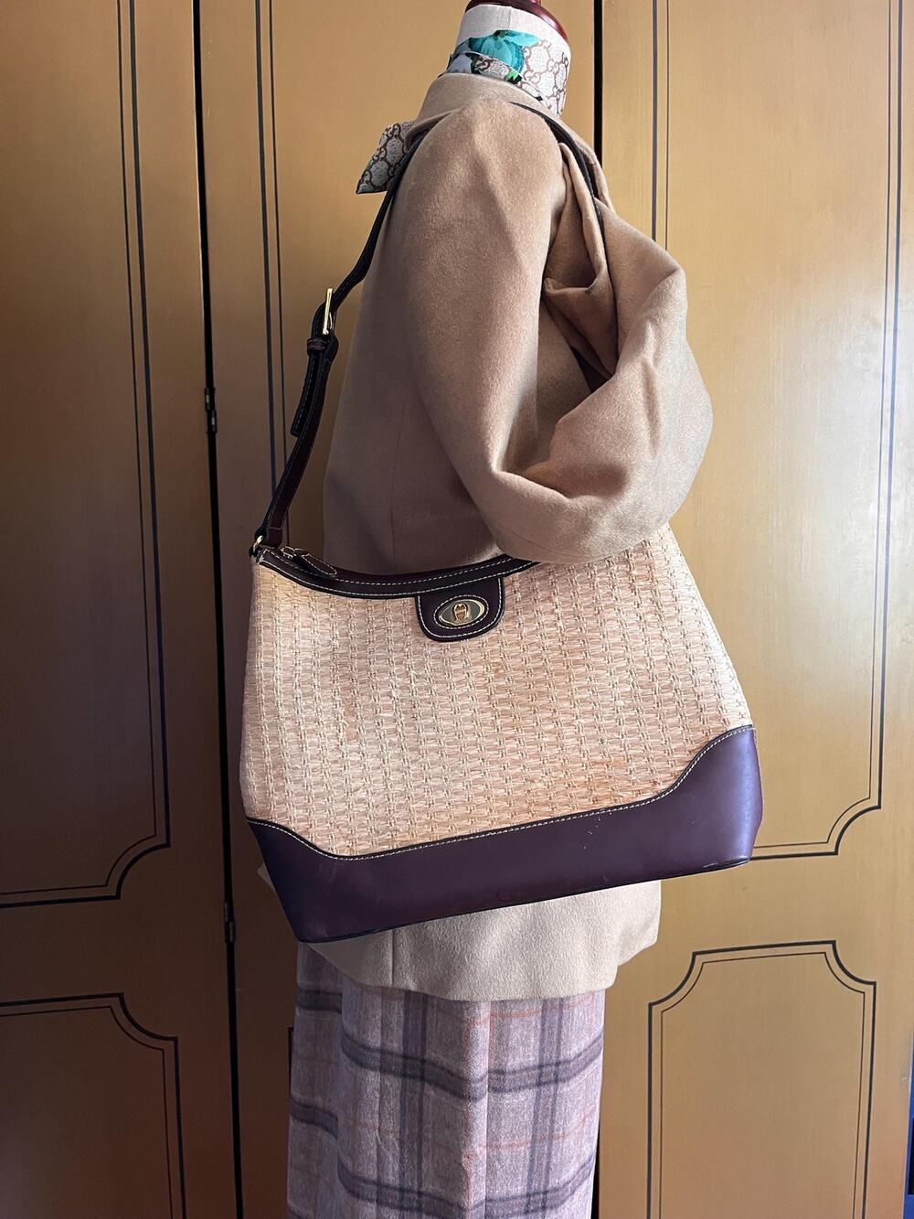 Vintage woven handbag with maroon leather accents by Etienne Aigner